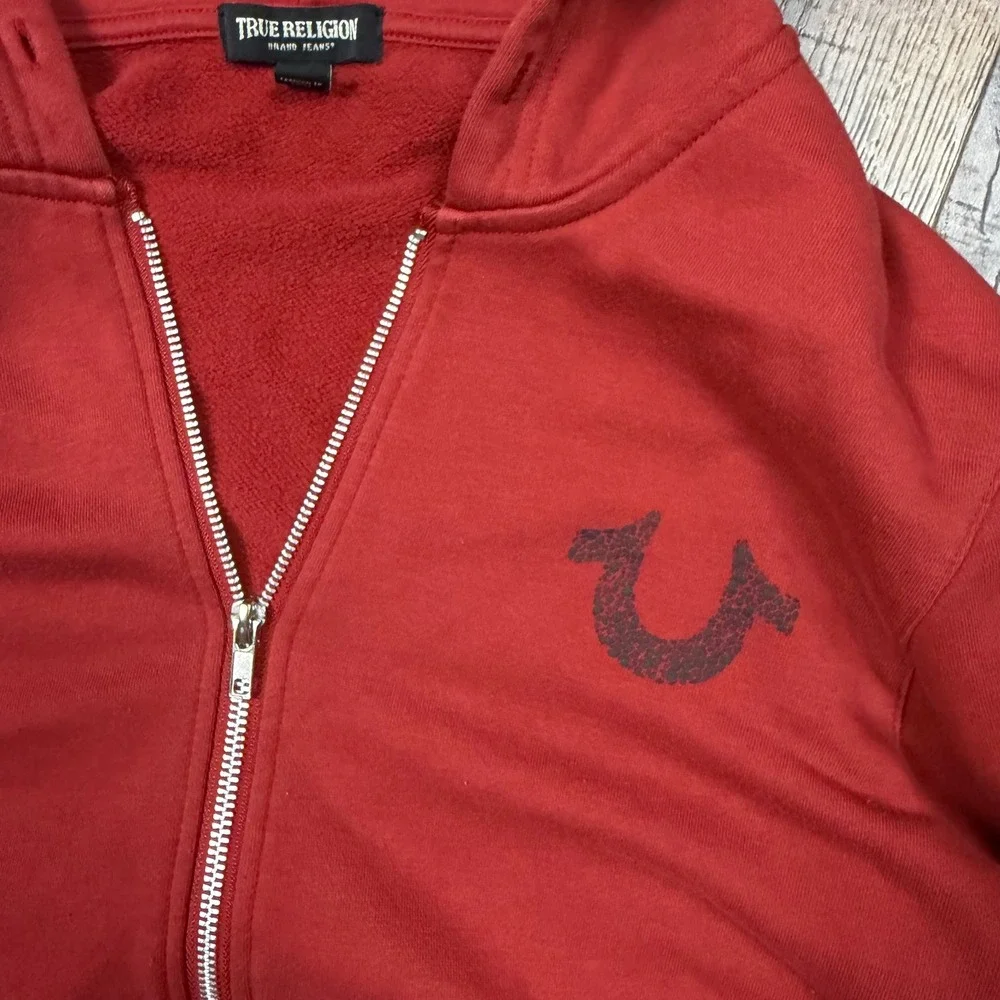 True Religion Mens S Red Full Zip Hoodie Horseshoe Logo Graphic Y2K